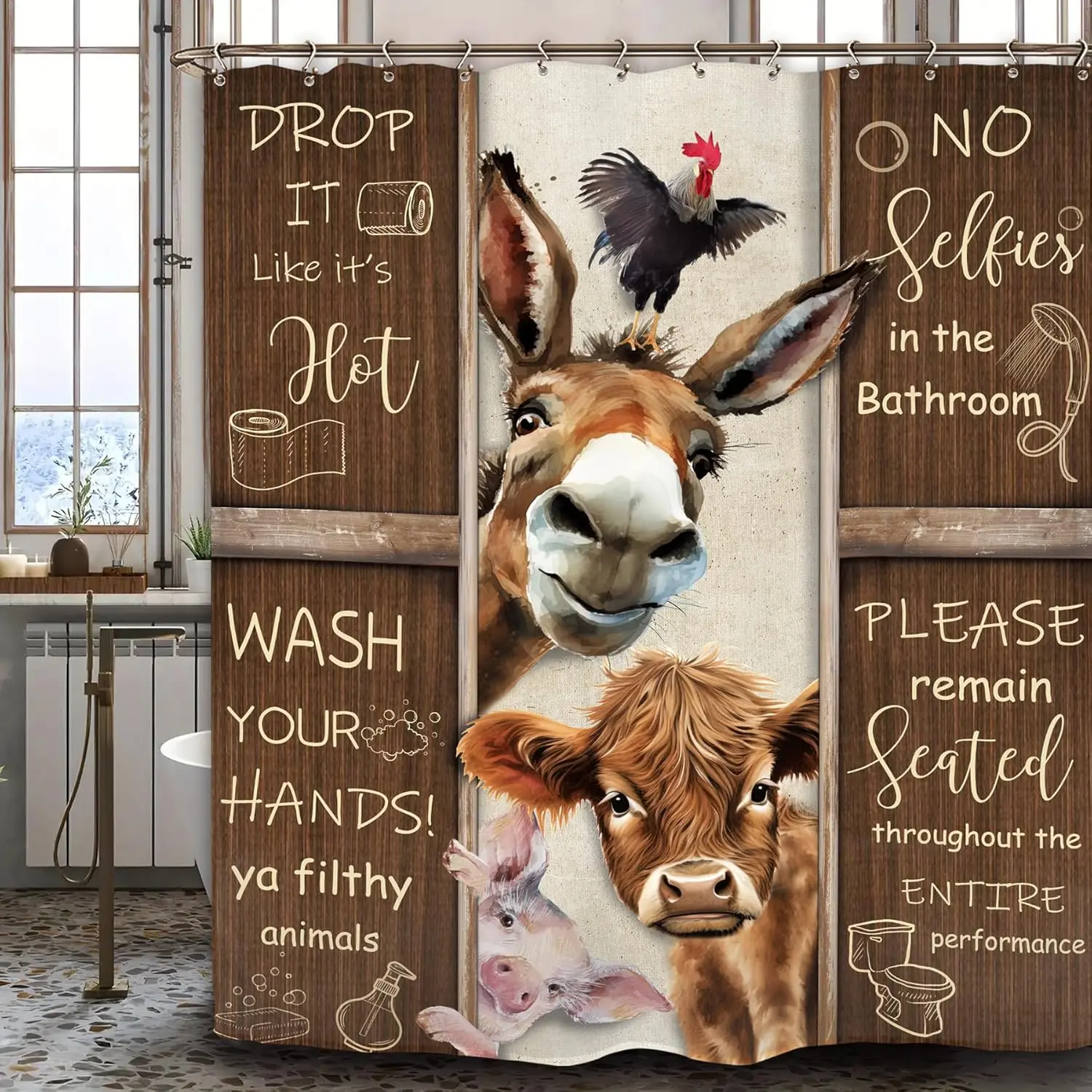 Whimsical Farmhouse Bathroom Shower Curtain - Funny Donkey, Bull, Pig Prints, Brown Bathroom Rules Design, Waterproof Polyester Fabric with Plastic Hooks, Rustic Home Decor Gift, Whimsical Shower Curtains