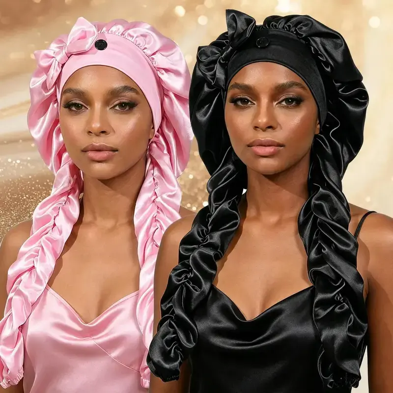 2PCS Satin Bonnet Hair Protection Cap, 2-in-1 Sleep Cap with Long Curling Ribbons, No-Slip Hair Cover for Curly Hair, Braids, Long Hair Care and Outdoor Sun Protection