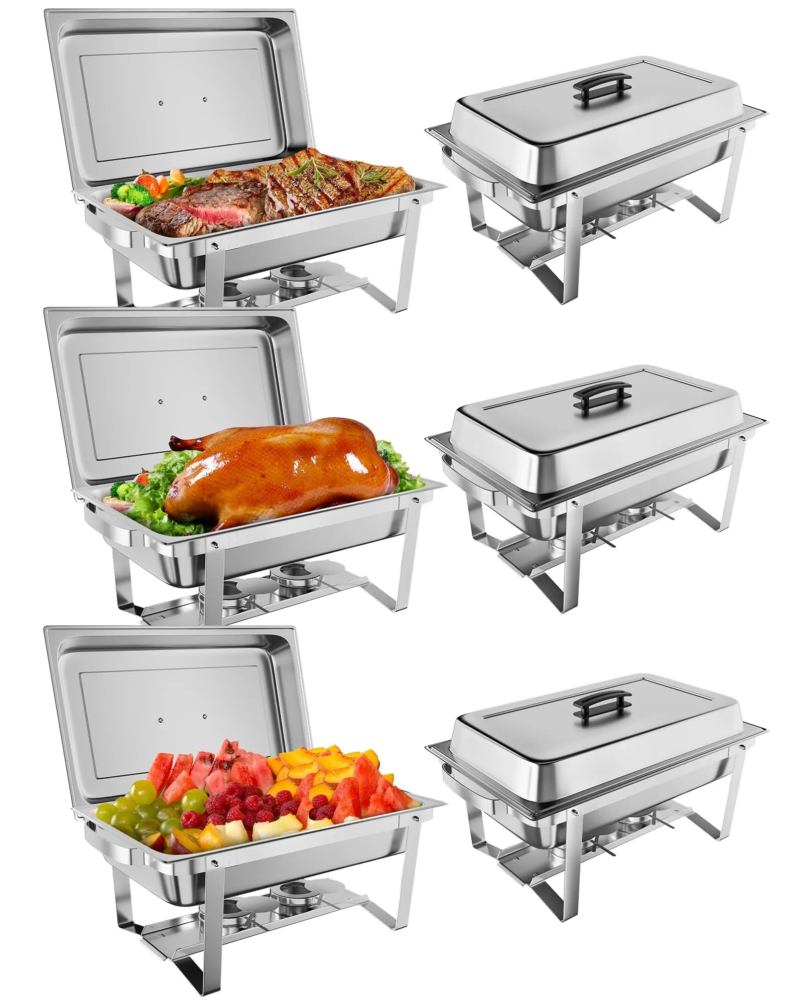 Chafing Dish Buffet Set, 6 Pack 9L Warming Containers with Lids & Water Pan, Secure Rolled Rim Stainless Steel Food Warmers for Parties, Catering Buffets, Dinners, Banquets, Camping