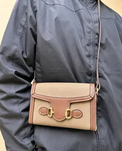 Style Horsebit Crossbody Bag, Vintage Monogram Shoulder Purse with Brown Leather Trim, Retro Handbag for Daily & Date Night
