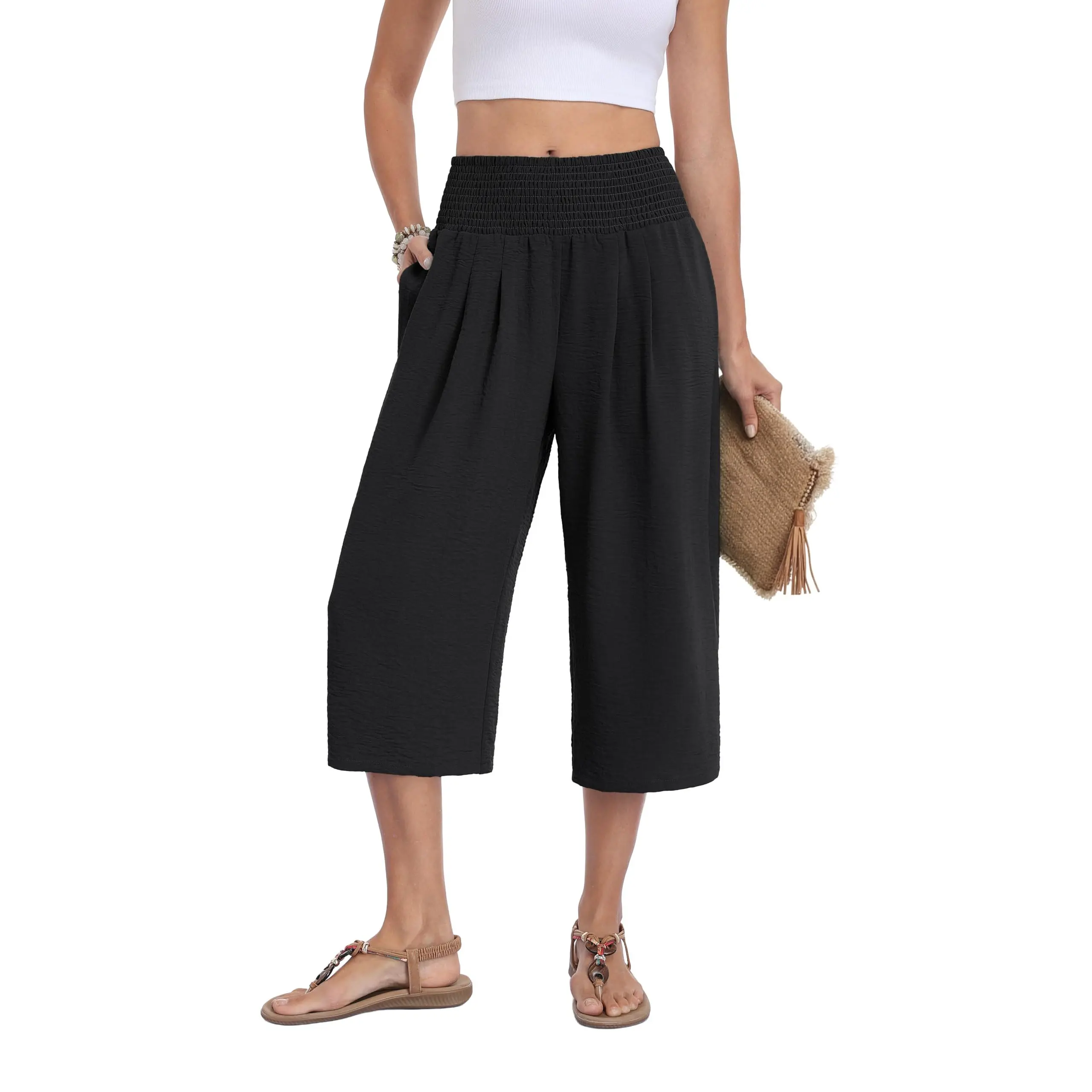 Lepunuo Women's Wide Leg Capri Pants High Waisted Tummy Control Summer Beach Vacation Casual Lounge Trousers with Pockets