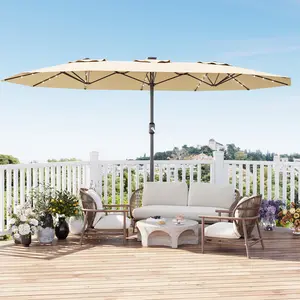 15FT Extra Large Double-Sided Patio Umbrella with Base – 36 Solar LED Lights – 450x270cm Rectangular Market Parasol with UV Protection & Easy Crank – Khaki