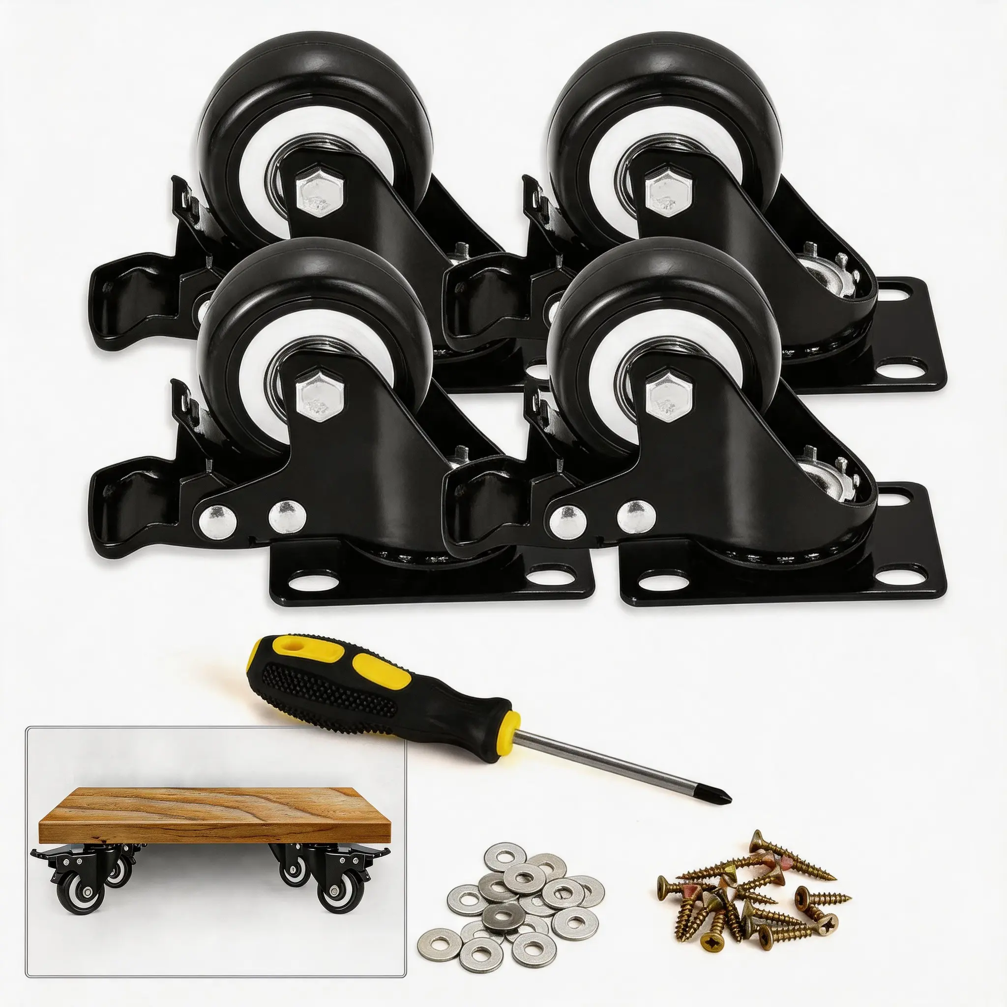 Heavy Duty 2 Inch Caster Wheels with Brakes, 4-Pack Non-Marking PU Casters for Workbench and Tool Cart