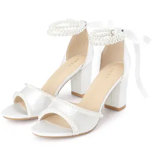 BLISSFUL STEP Pearl Open Toe Block Heel Lace Up Satin Bridal Sandals for Women