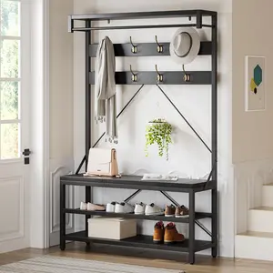 Garvee Multi-functional Hall Tree Storage Bench with 3-Level Shoe Shelf, 8 Removable Hooks, Metal Frame with Wood Finish, Space-Saving Design for Entryway, Hallway, and Corridor