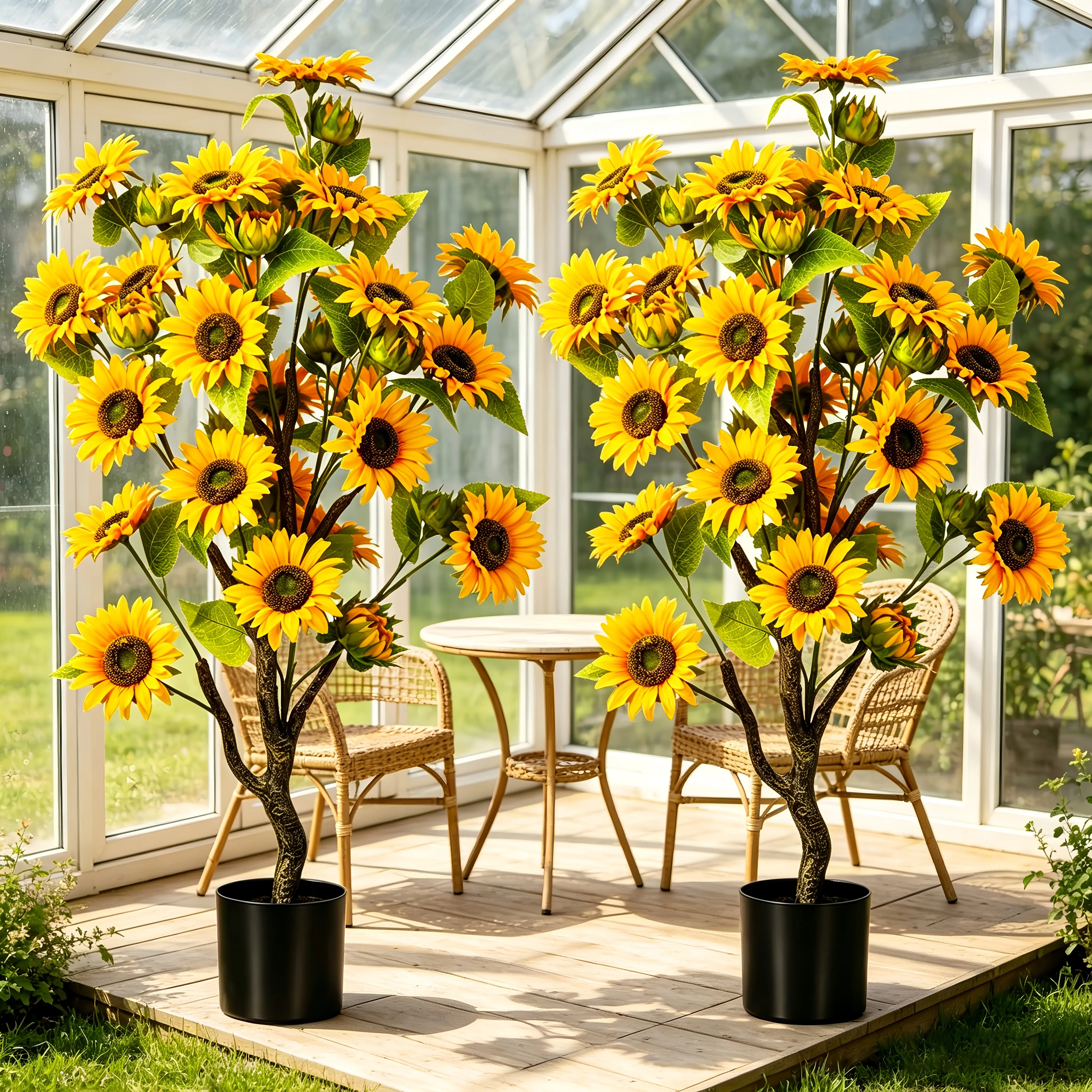 2-Piece Set Decorative UV-Resistant Faux Sunflower Trees, Pre-Potted Fake Floor Plants (3ft/4ft Tall) for Farmhouse Porch, Indoors Outdoors Home Decor, Two Piece Set