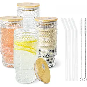 4 Pcs 16 Oz Glasses Cups Set with Bamboo Lids Straws Brush Hobnail Glassware Set for Juice Iced Coffee Beer and Cocktail Whiskey Icesip