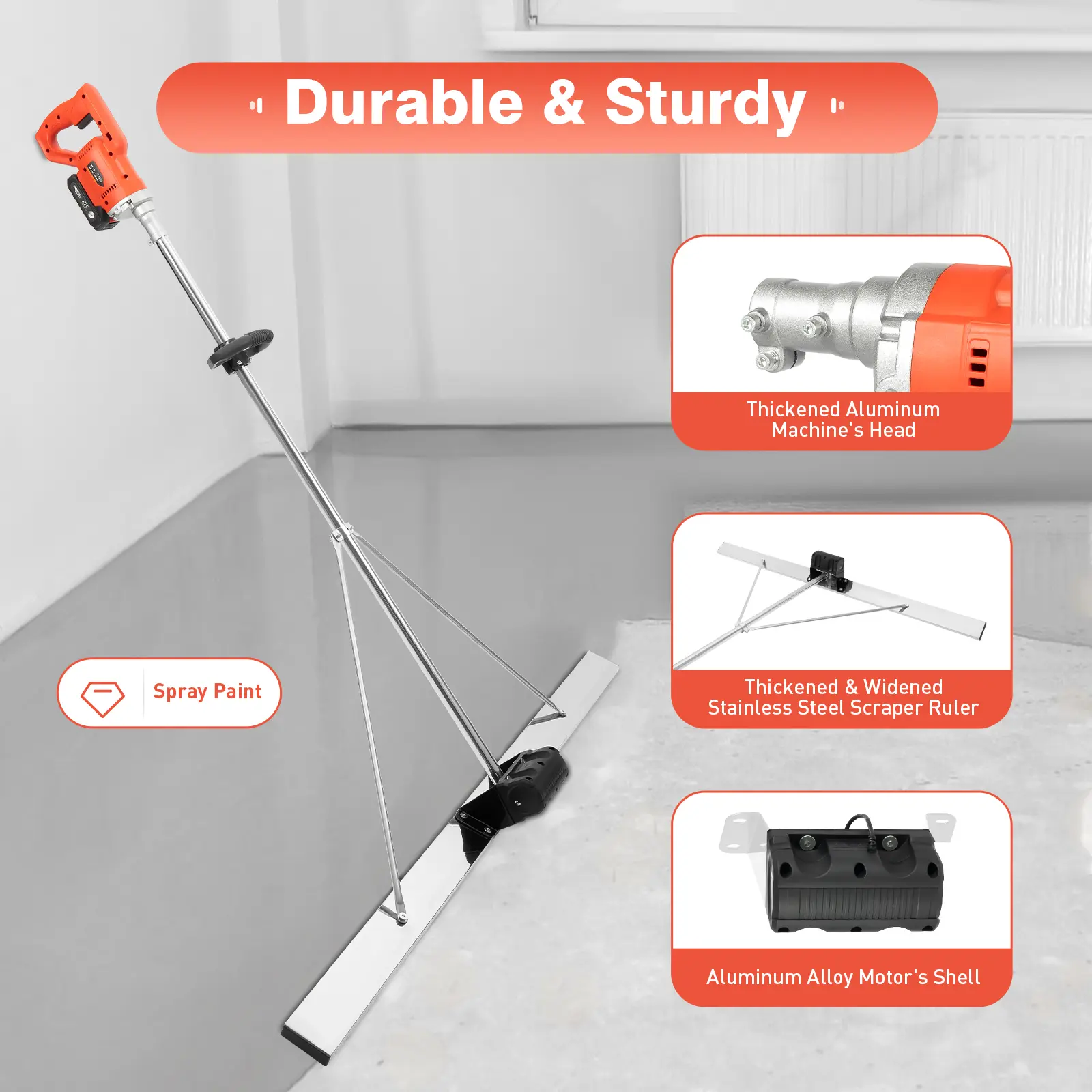 Summerwins Cordless Concrete Vibratory Screed, 48W 3000-6000r/min Masonry Tool, 7500mA Battery, Aluminum Alloy Body, Auxiliary Handle for Concrete Surfaces Leveling & Pavement Construction
