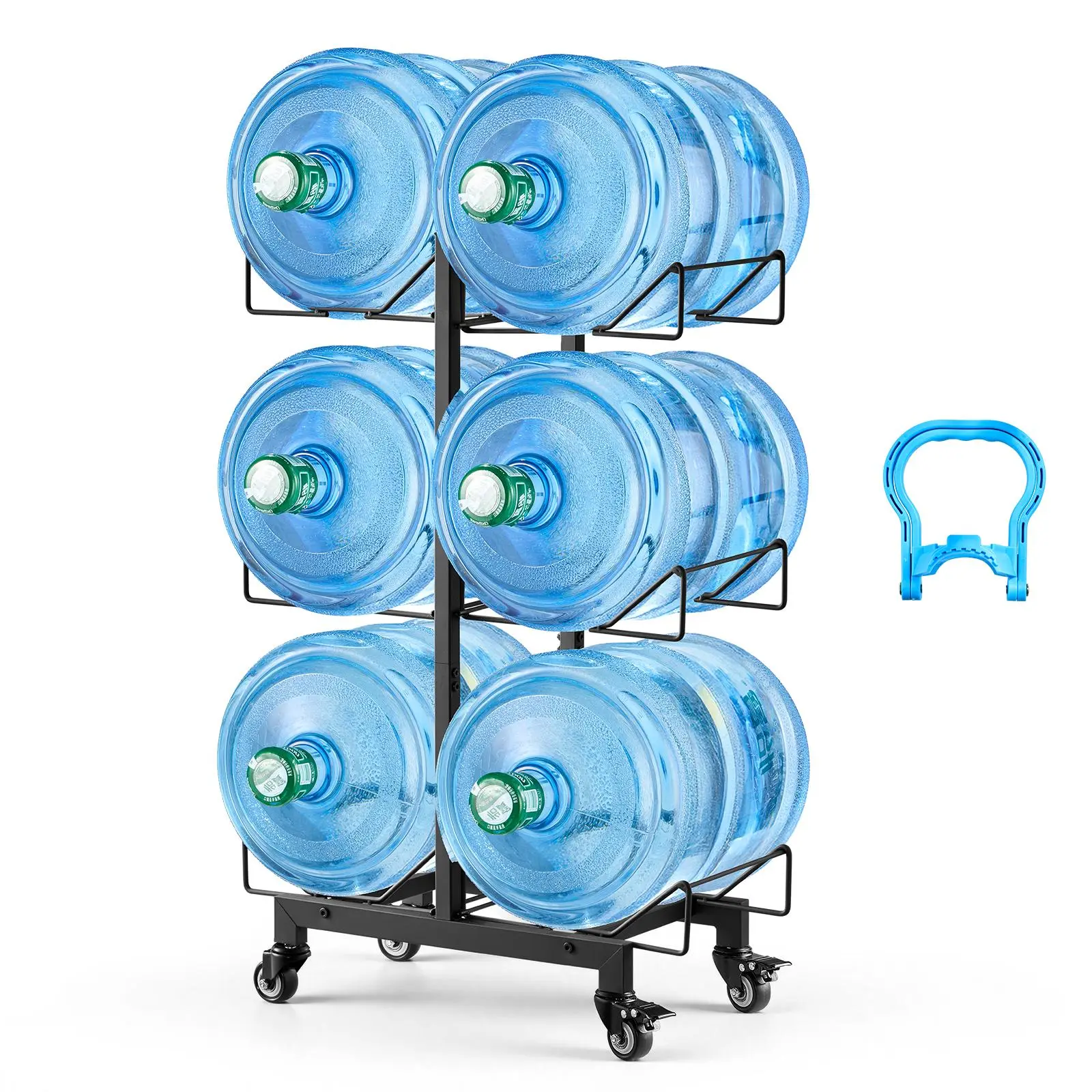 【Summerfinds】VEVOR Water Jug Holder3 Tiers Double Rows 3 and 5 Gallon Water Bottle Holder for 6 BottlesHeavy Duty Jug Rack Organizer with Casters and HandlesFoldable for KitchenOfficeLiving RoomBlack