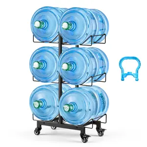 【fathersdaygift】VEVOR Water Jug Holder3 Tiers Double Rows 3 and 5 Gallon Water Bottle Holder for 6 BottlesHeavy Duty Jug Rack Organizer with Casters and HandlesFoldable for KitchenOfficeLiving RoomBlack