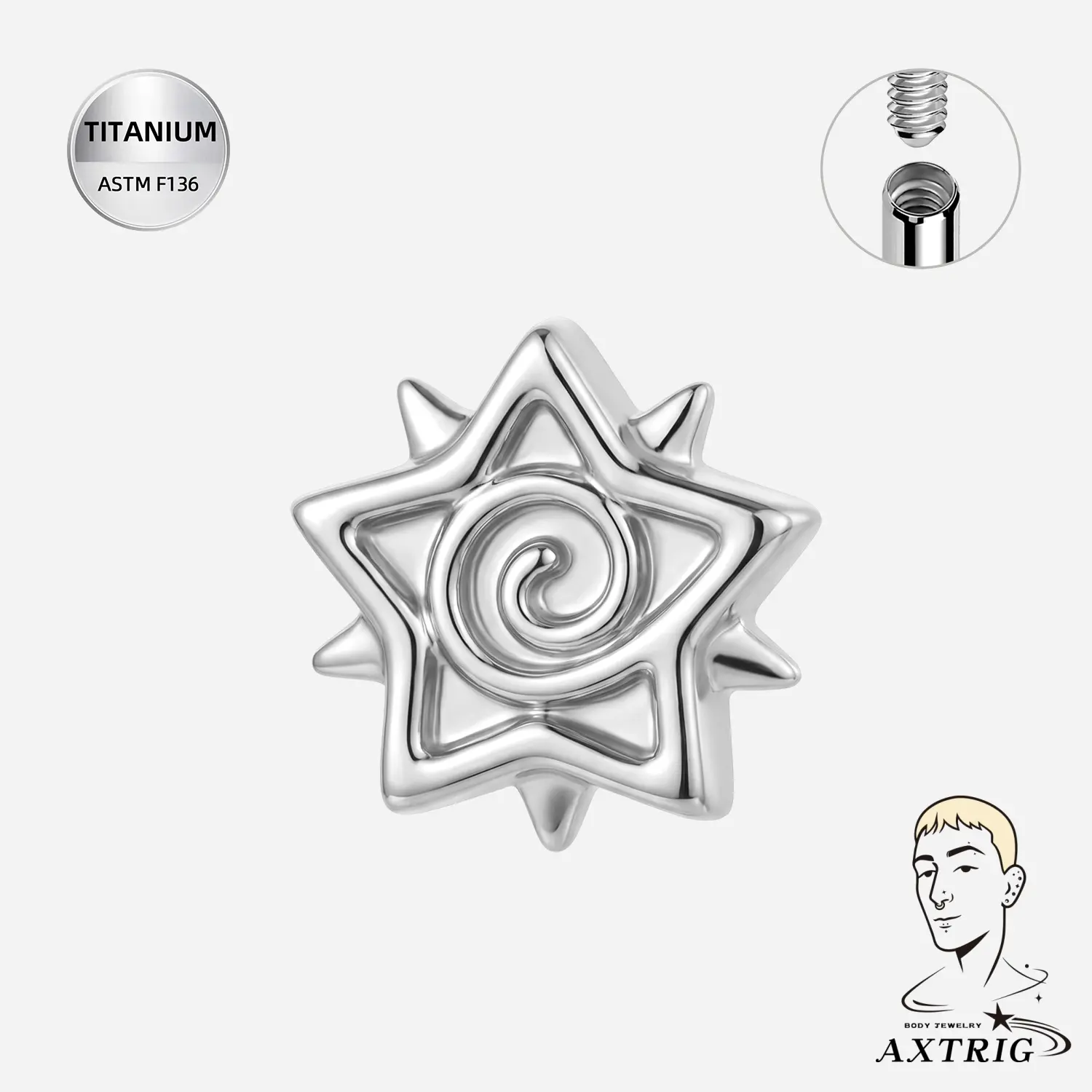 14G & 16G Titanium Spiral Star Dermal Top | Internally Threaded | Surface Piercing Jewelry