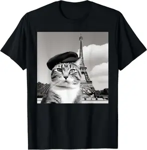 Funny Cat Wearing A Beret At The Eiffel Tower In France T-Shirt