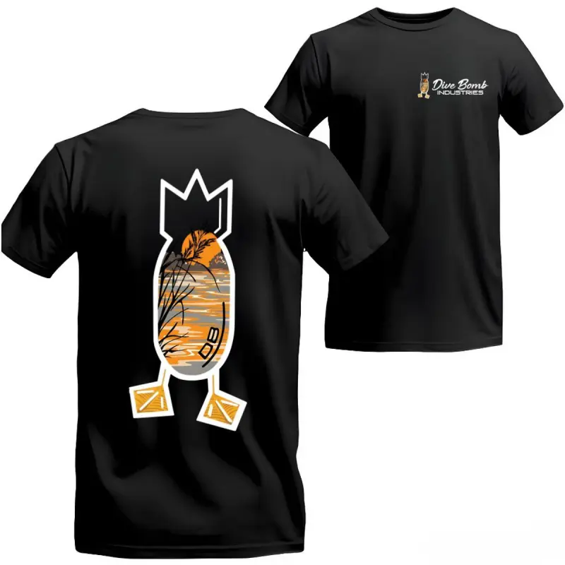 Dive Bomb Industries Hunting T Shirt, Sunset Outdoor Scene Logo Tee, Waterfowl Brand Duck Hunting Graphic, Outdoor Lifestyle Streetwear For Hunters, Unisex Casual Graphic T-Shirts For Men Women Menswear california outfit baggy box august glen tiktok shop