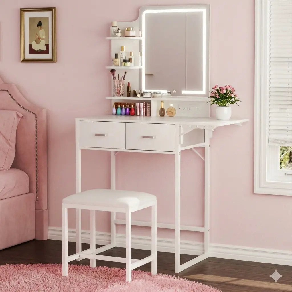 【Summergarden】Makeup Vanity Desk with Mirror and Lights, Small Makeup Vanity with Fabric Storage Drawer & Chair & Shelves, White Vanity with Fold-up Panel and Power Outlet for Bedroom