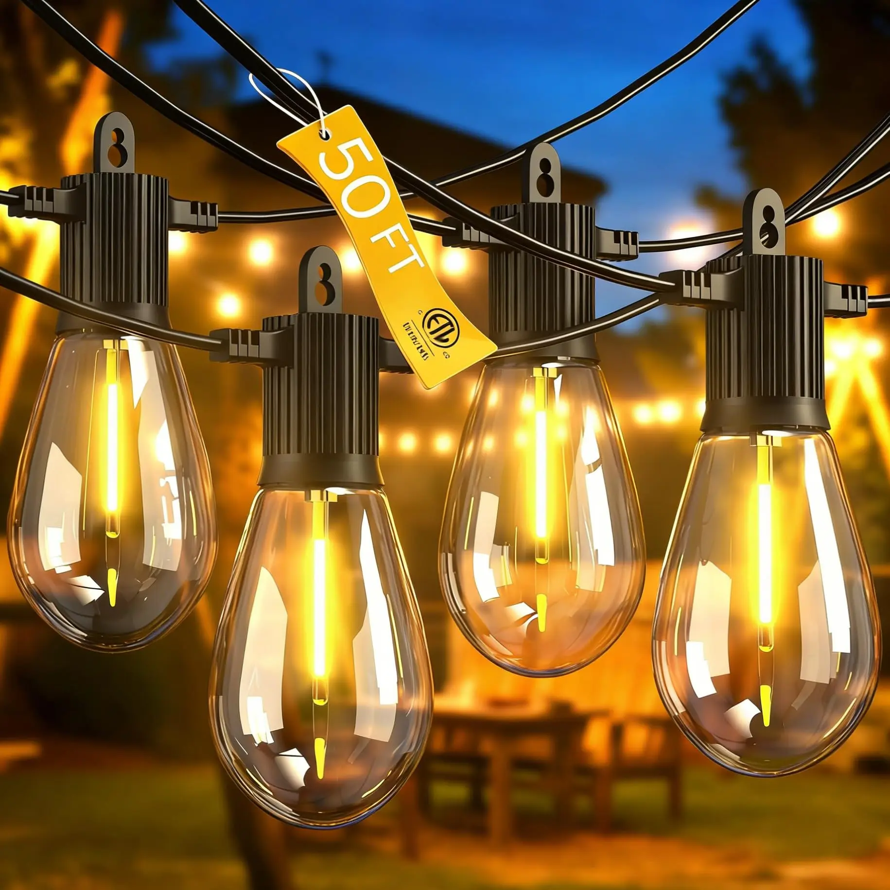 Beatineon Outdoor String Lights 50FT, Commercial Grade Patio Lights with 16 (15+1) S14 Shatterproof Dimmable Bulbs for Bistros Backyard Porch Party, IP65 Waterproof 2700K Warm White (dimmers not included)