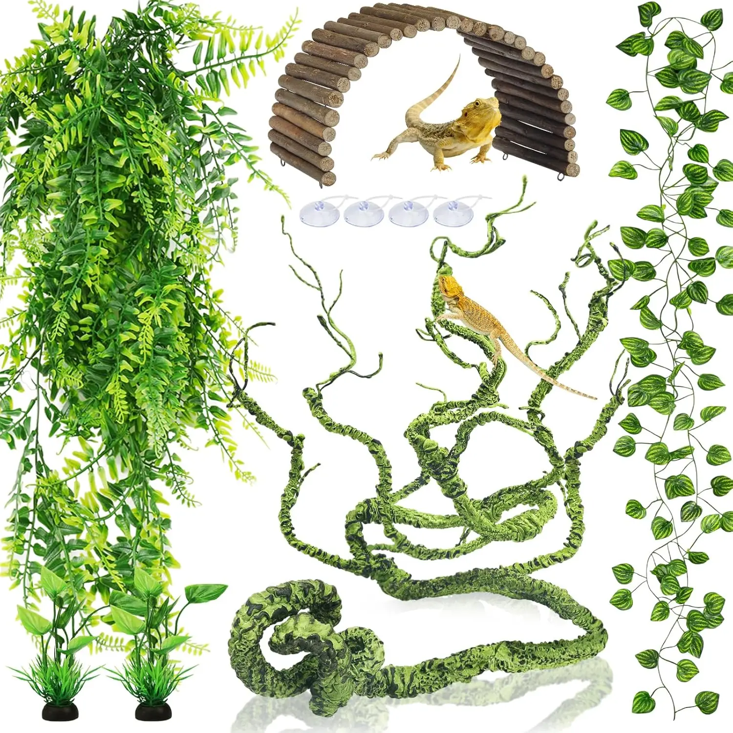 Bearded Dragon Tank Accessories, Terrarium Hanging  Vines Artificial Leaves Reptile , Bridge Jungle Climber Reptile Vines for Snakes Bearded Dragon Chameleon Gecko Lizard