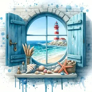 1pc 5D Diamond Painting Kit Lighthouse Window Seascape Pattern Diamond Art Mosaic Craft Handicraft Unframed Decorative Picture, Suitable for Home Bedroom Living Room Decoration Gift 20x20cm/7.9x7.9in