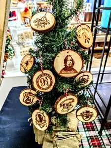 Engraved Wood Christmas Ornaments with Burlap Drawstring Bag