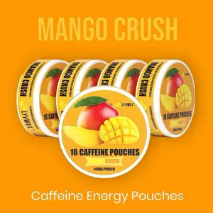 LYVWEL Organic Mango Crash Energy Pouches, 16 Premium Dry Caffeine Pouches (56mg Each), Sugar-Free Pre-Workout Beverage for Mental Clarity & Energy