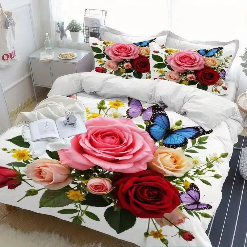 3pcs Butterfly & Rose Floral Printing Decorative Duvet Cover Set - Includes 1 Duvet Cover and 2 Pillowcases, Breathable Polyester, Machine Washable - Perfect for All Seasons, Bedroom Bedding Set, Bed Sets