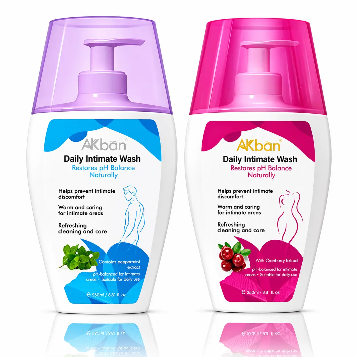 AKBAN Women's Cranberry Extract & Peppermint Cranberry Intimate Wash - 250ml, pH-Balanced, Fresh, Moisturizing, Antibacterial, Mild Soothing, No Harsh Additives, Daily Care, Clean Body Wash for Sensitive Areas, Natural Ph-Balanced