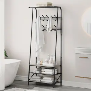 [Industrial Grey Coat Rack] Coat Rack Shoe Bench, 4-in-1 Hall Trees Entryway Bench With Coat Rack And Shoe Rack, Look Accent Furniture With Steel Frame Storage Shelf And Hanging Bar, Industrial, Grey & Black