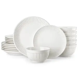 MALACASA High-Quality Porcelain Cutlery LEILA 12/16-Piece Ceramic Dinnerware Set for 4, Modern Striped Embossed Bowls & Plates Set, Elegant Complete Kitchen Tableware Service for Everyday Use Winter Holiday