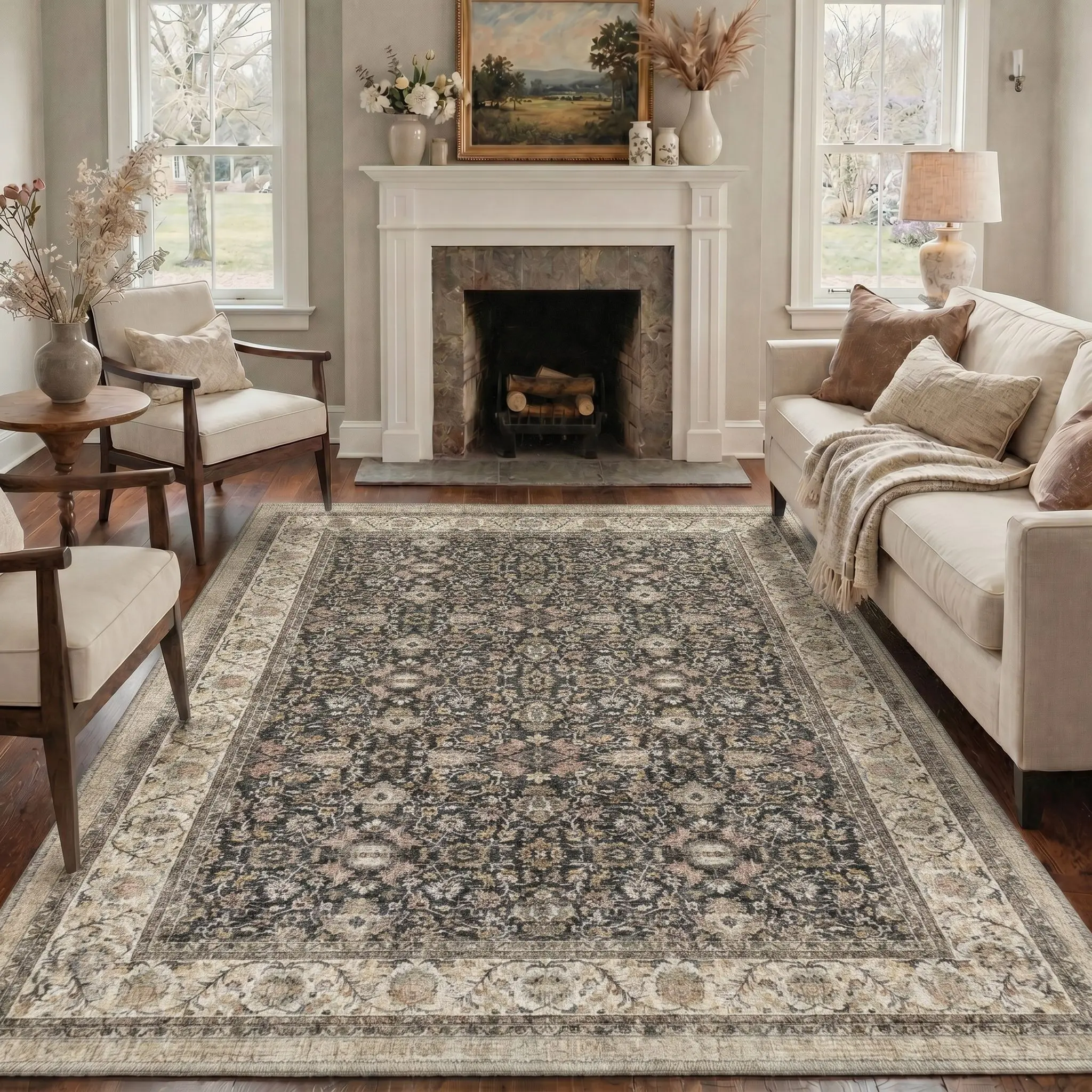 【Back To School】GENIMO Machine Washable Area Rug Non Slip Floor Carpet Pet Friendly Soft Rug for Living Room Bedroom Kitchen Hallway Home Hallway Decor,ARP4706-ONYXBLOOM