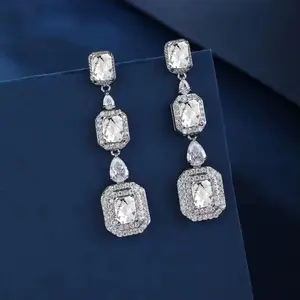 Sparkly Silver Dangle Earrings for Women, Layered Rectangle Crystal Statement Earrings, Chic Rhinestone Jewelry for Party Wedding Date Night Gift