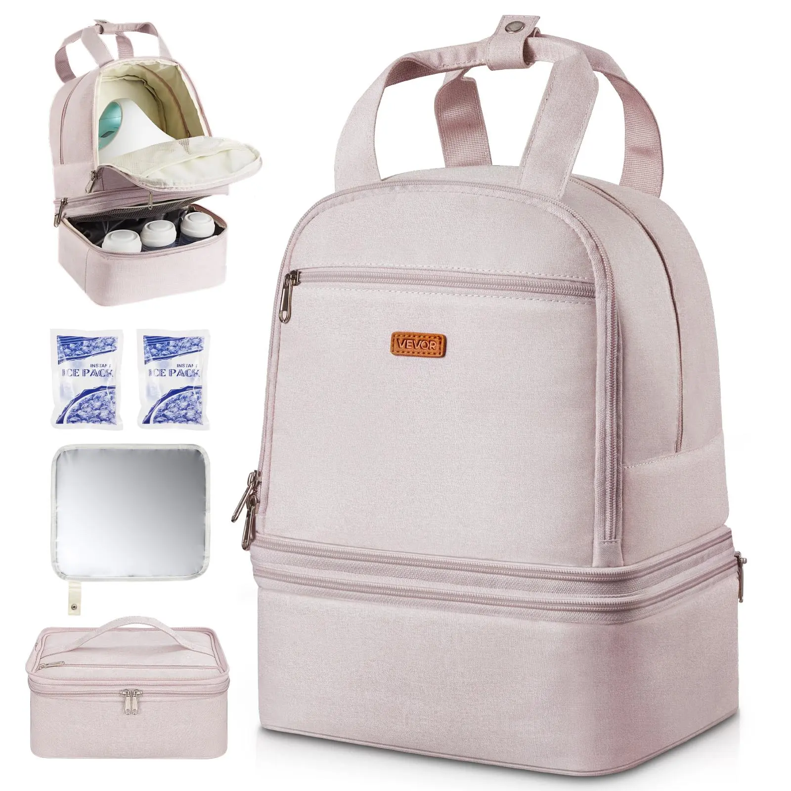 【SummerFinds】VEVOR Breast Pump Backpack,  Breast Feeding Bag with Ice Pack, Fits for S1/S2, Pumping Accessories & Breastmilk Storage, Portable Pump Carrying Case for Work, Travel and Family Use, Light Pink