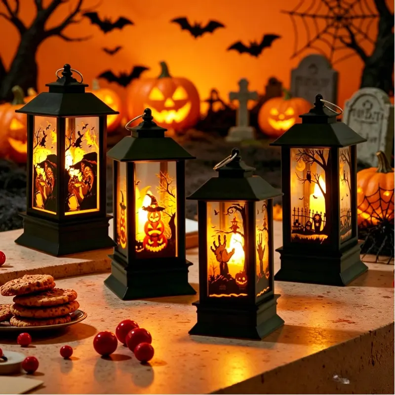 Halloween Mini Night Light Retro Decor, Battery-Powered Portable LED Candle Lantern, Party Home Decoration, Wedding Camping Bar Room Decor