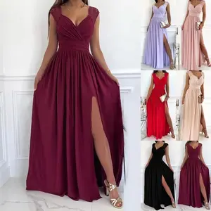 Womens 2025 Formal Dresses Wrap V-Neck Ruched Sexy Bridesmaid Wedding Guest Maxi Dresses No.609