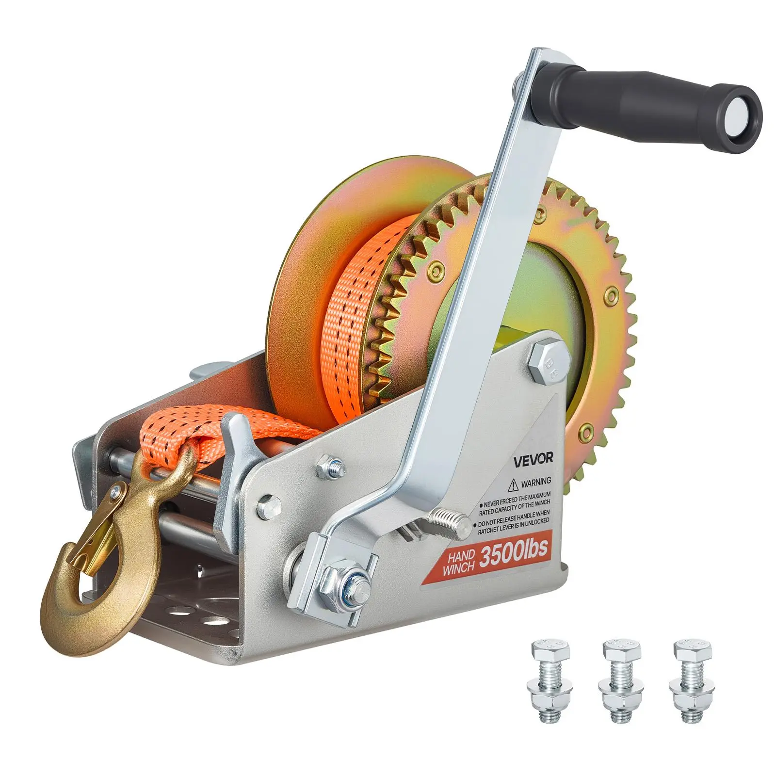 【summerfinds】VEVOR Boat Winch, 3500 lbs Hand Winch, Heavy Duty Manual Rope Crank with 20ft Orange Polyester Strap, Portable Two-Way Ratchet, 2 Speed Switchable, Anti-Slip Handle Gear for Boat Trailer ATV Towing