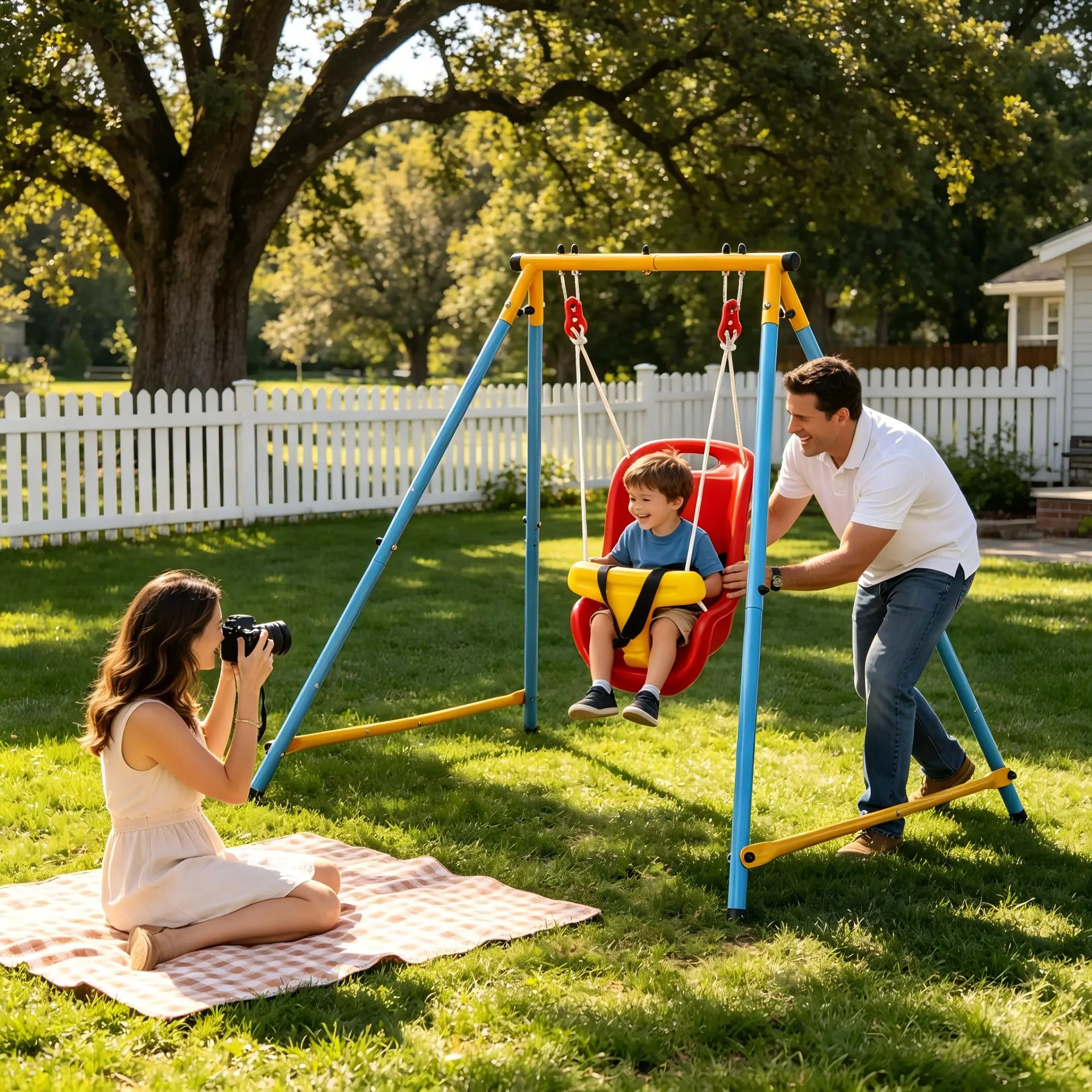 Free-Standing Unisex A-Frame Heavy-Duty Powder-Coated Metal Foldable Swing Set for 3-4 Years Toddlers, Infant Playset with Safe High-Back Bucket Seat for Indoor & Outdoor Backyard Use Play Equipment Playground Equipment