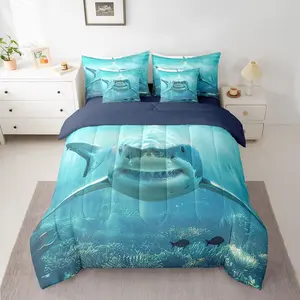Shark Comforter Set with Sheets,Shark Fish 7 Piece Bedding Set,Sea Animal Bedding Sets with All Season Quilted Comforter,Flat Sheet,Fitted Sheet,Pillowcases,Pillow Covers