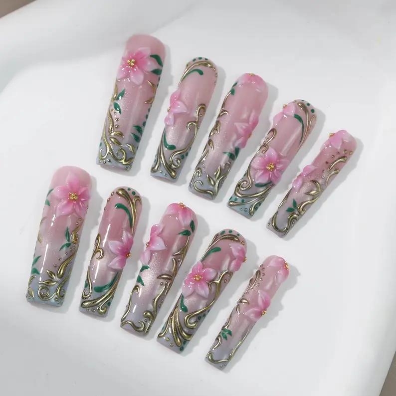 ALL NAil BOX 3D Pink Flower Press On Nails XL Long Square Metal Accent Nails with Gothic Gold Crystal Glossy Coffin Shape 3D Bows & Pearls for Romantic Nail Art