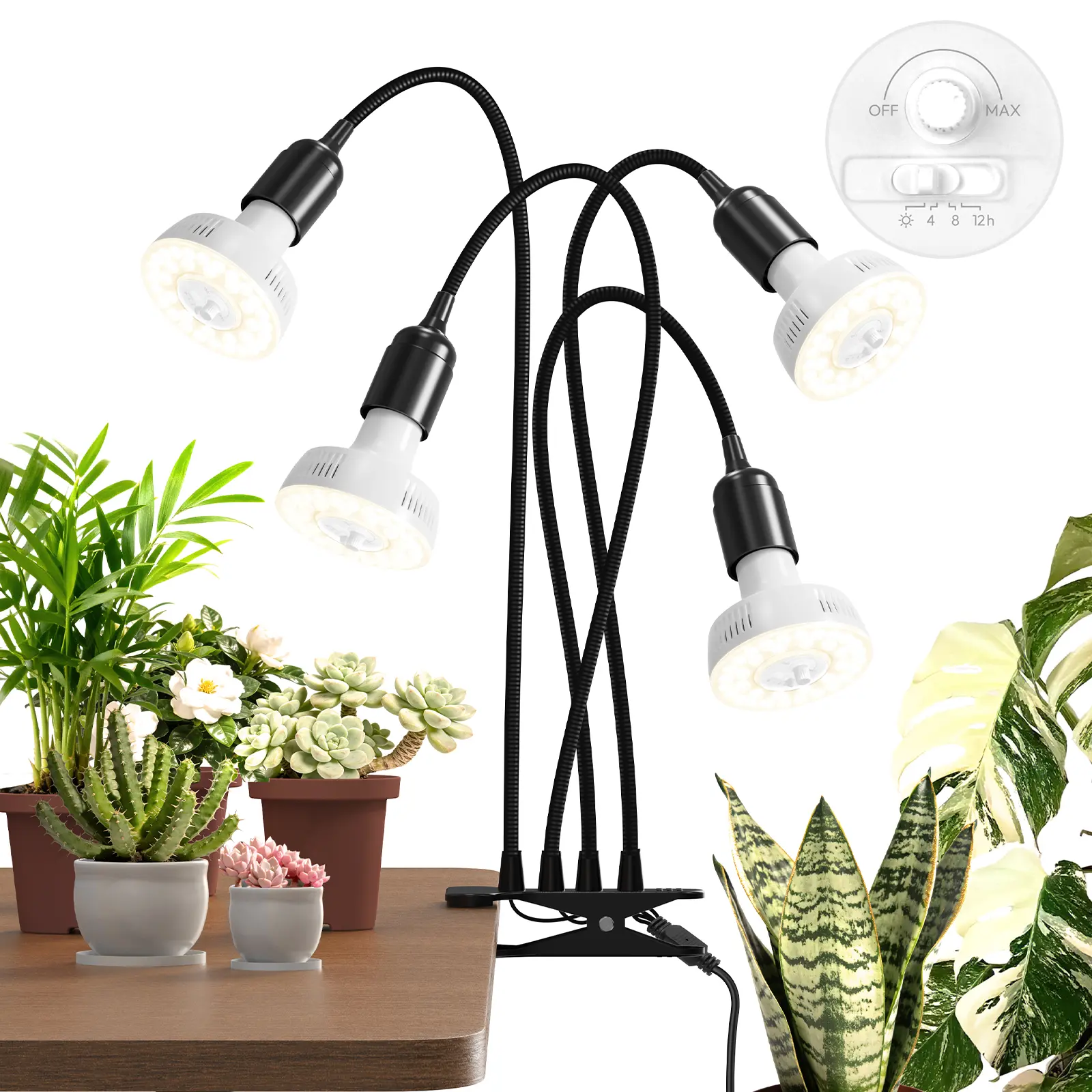 Barrina Orbgrow OG11A4 Clip On Grow Lights for Indoor Plants, Integrated Stepless Dimming & Timing, 4000K 44W(4 x 11W, 400 Watt Equiv), Full Spectrum 4-Gooseneck with E26 Plant Light Bulbs