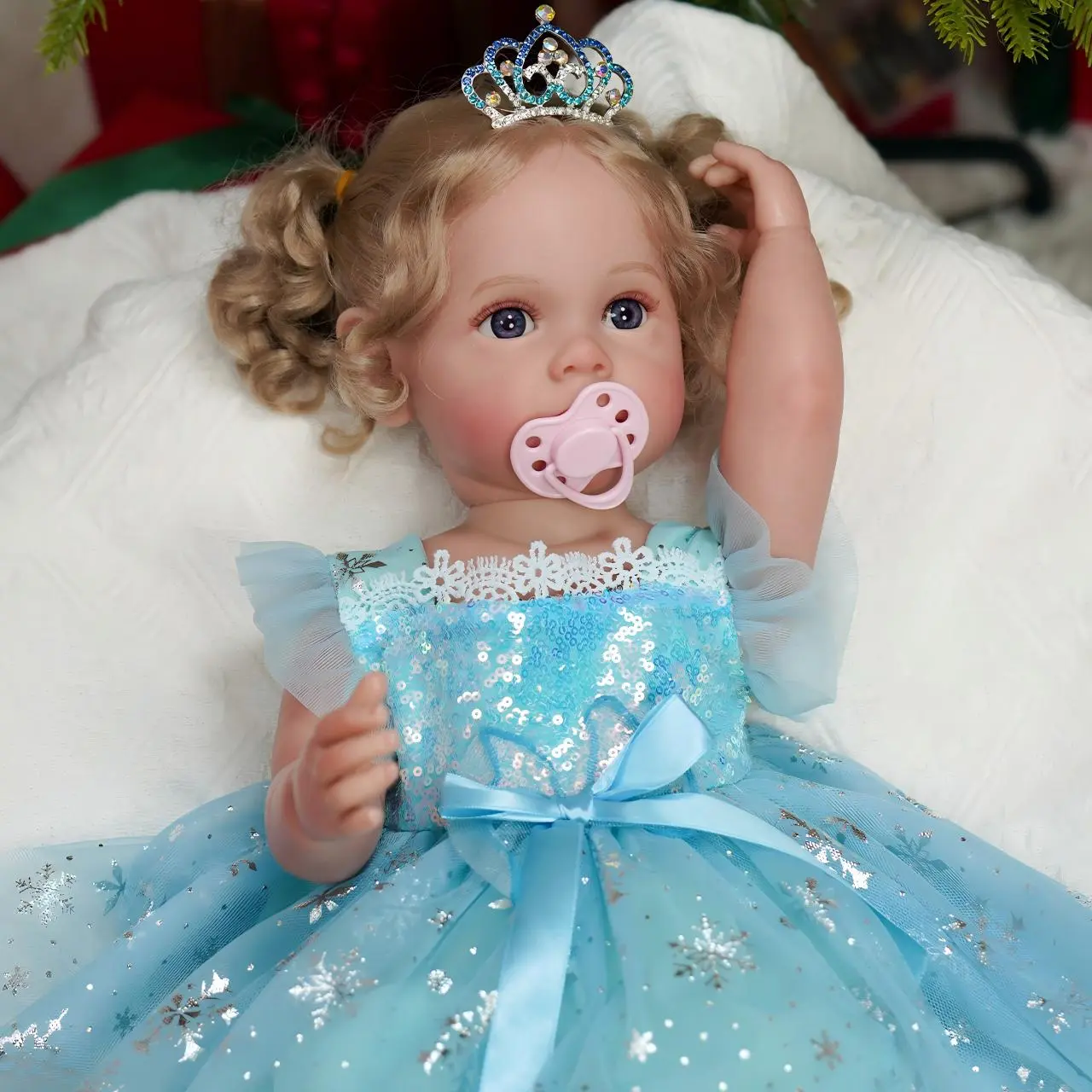 Vacos 6PCS BPA-Free Reborn Baby Doll Clothes Set - Handmade Sparkly Blue Gauze Princess Dress with Crystal Crown for 17-22in Girl Collectible Toys (Adult Collector Accessories, Photography Use)