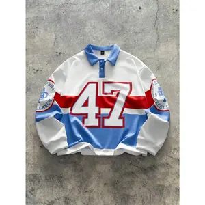 Men's Digital Print Loose Fit Long Sleeve Polo Shirt, School Streetwear Style