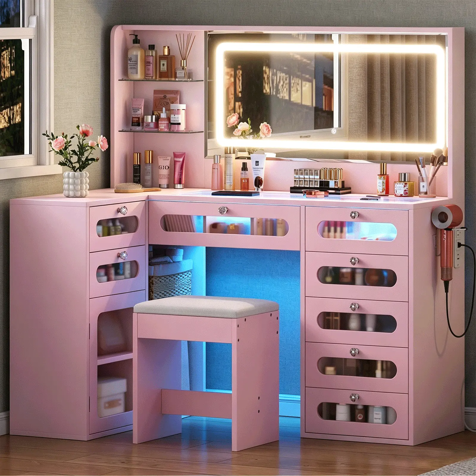 Vanity Desk Set Makeup Vanity with Lighted Mirror Large Dressing Table with Glass Drawers Open Storage Shelves Modern Vanity Table for Bedroom Vanity Set with Storage Vanity Furniture Vanity Desk Organizer summerwins