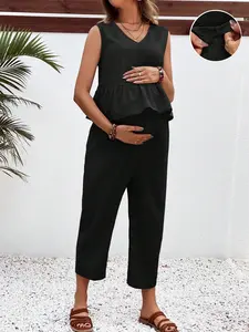 Black maternity two-piece set for pregnant women: V-neck sleeveless ruffled top + adjustable waist nine-tenth pants, loose and comfortable pregnancy outfit