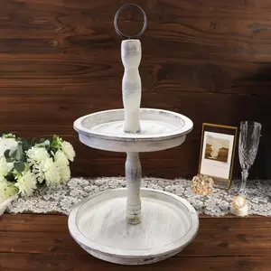 2-Tier Wooden Serving Tray Stand Rustic Whitewashed Design - Farmhouse Style Cupcake Display 20"