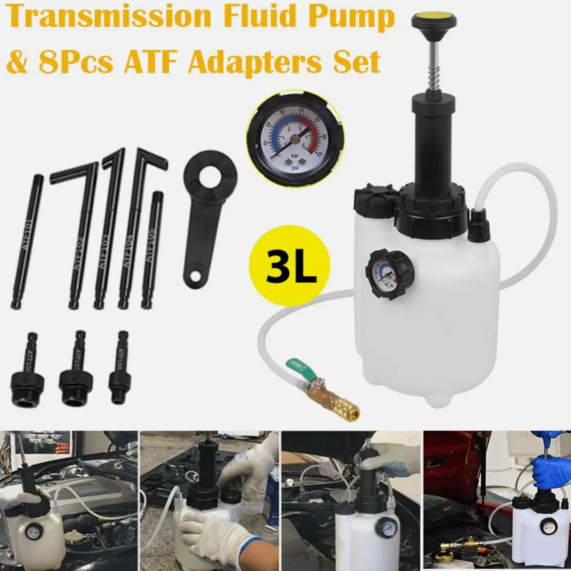Transmission Oil Filling System Fluid Pump Manual Tool with 8pc ATF Adaptors 3L Professional Automotive Fluid Pump Kit for Easy Transmission Fluid Maintenance