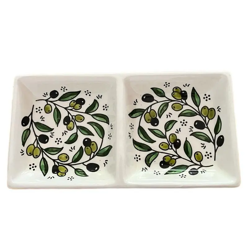 Square Ceramic Snack Plate - 10x15 cm, Olive Branch Glazed Green Leaf Design, Aesthetic Natural Touch Dining Table Tableware, Dishwasher Safe for Snack Serving & Dish Presentation