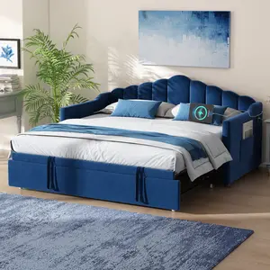Upholstered Twin Size Daybed with Adjustable Height Pop Up Trundle Twin Bed and USB & Type-C Charging Port, Day Bed Frame with 2 Side Pockets, No Box-Spring Needed, Blue