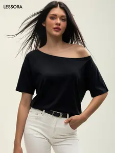 LESSORA Women's Off Shoulder Oversized Short Sleeve Top Plus Size Casual Tee