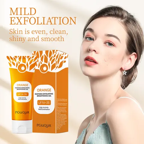 POUQUR Orange Exfoliating Gel Cleanser - Vitamin C Cosmetic, Gentle Daily Natural Sensitive & Normal Skin Face & Body Scrub, Liquid Dead Skin Remover, Orange Enzymes Peeling Brightening Treatment, Bottle, Halloween Gift