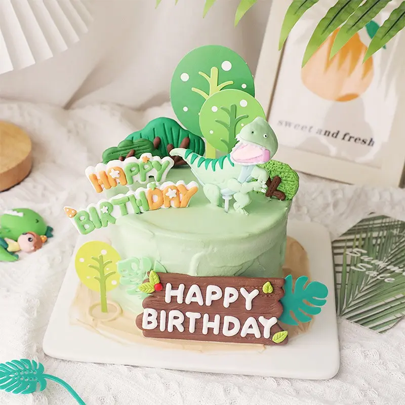 Dinosaur Jurassic World Boy Birthday Party Decor, Soft Clay Tyrannosaurus Rex Cake Topper, Forest Theme Wooden Sign, Home Ornament
