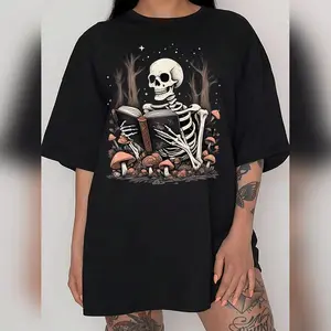 Women's Halloween Cartoon Skeleton & Mushroom Print Drop Shoulder Tee Casual Half Sleeve Round Neck T-Shirt For Summer Lightweight Unisex T-Shirt