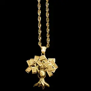 MaxBling81 Brass Gold-Plated Exquisite Trendy $100 Money Tree Pendant, 3mm 24-in Rope Chain, Unisex Casual Daily Wear Hip Hop Costume Necklace Fashion Accessory, Exquisite Trendy Pendant
